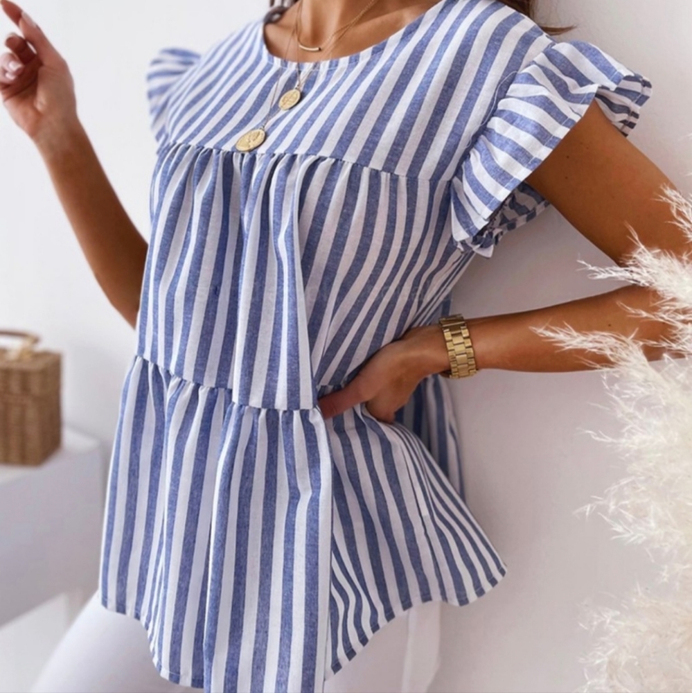 Striped Flutter Sleeve Ruched Top - Picture 1 of 7
